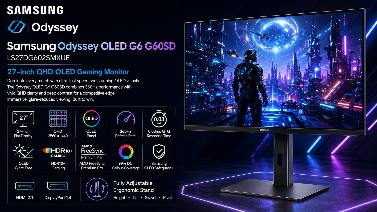 Samsung Odyssey OLED G6 G60SD LS27DG602SMXUE 27-inch QHD OLED Gaming Monitor, 360Hz, 0.03ms GTG, Glare Free, HDR10+ Gaming, FreeSync Premium Pro, HDMI 2.1, Silver, 3-Year Warranty | LS27DG602SMXUE